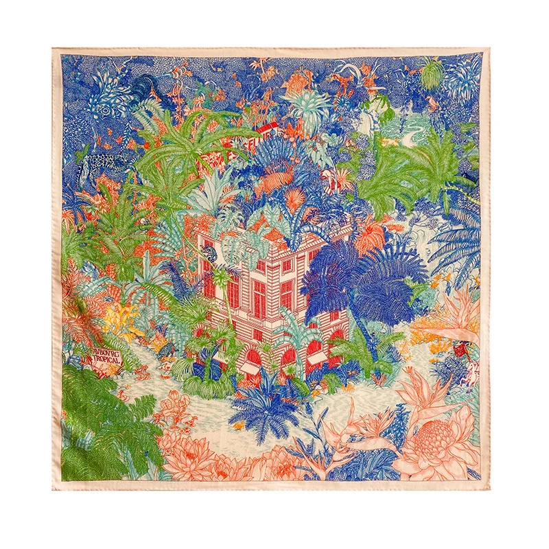 Panoramic Tropical Plant Square Scarf 30% Mulberry Silk 70% Wool 70X70cm Cream Base Versatile Neck Travel Wrap Gift for Him Her