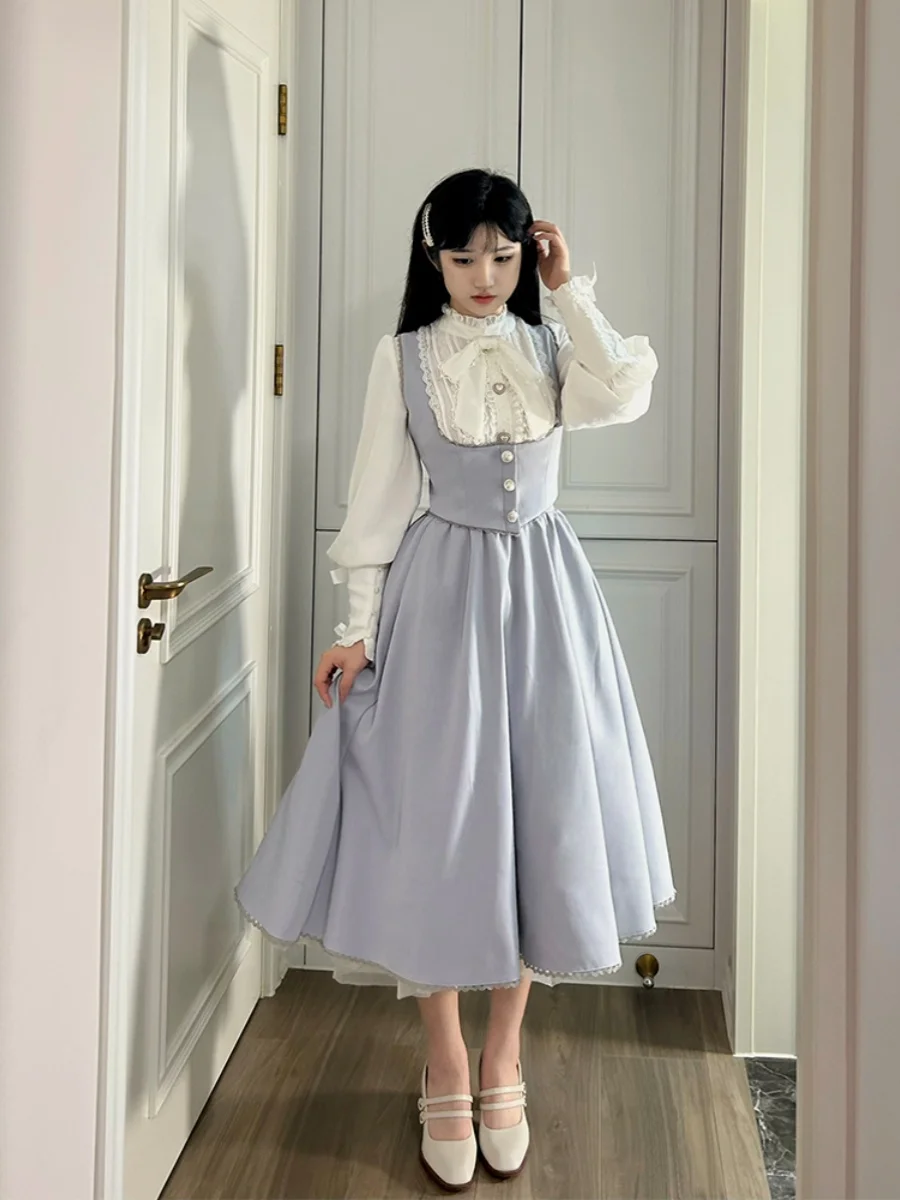 Elegant Classical Lolita Long Sleeve Bowknot Single-Breasted Jacket Tops High Waist Belt A-Line Oversize Long Skirt Sets Women