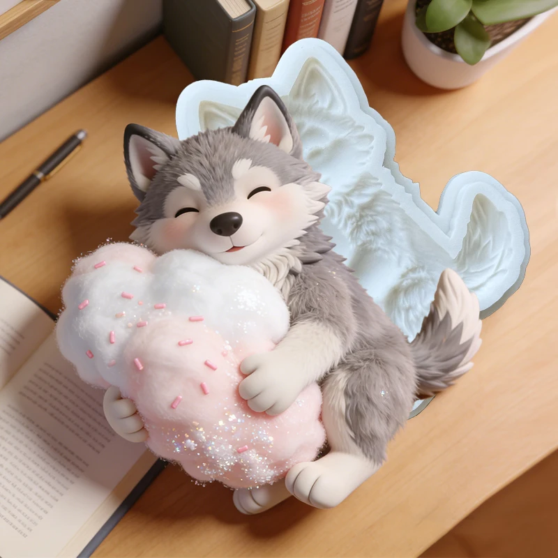 Molde de silicona de lobo durmiendo en la nube, molde de resina reutilizable, molde de arcilla y yeso, molde decorativo hecho a mano DIY
