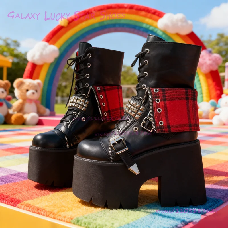 

Red Plaid Lining Black Leather Boots Girls Cool Platform Lace-Up Height Increasing Ankle Calf Booties Party Women Club New Shoes