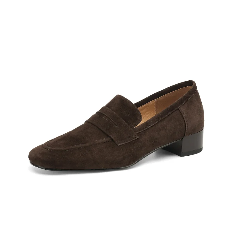 

Ladies Shoes Quare Heel3 CM Ladies Pumps French Style Elegant Brown Loafers Spring Atumn Simple Pumps Sheepsuede Shoes 33-41