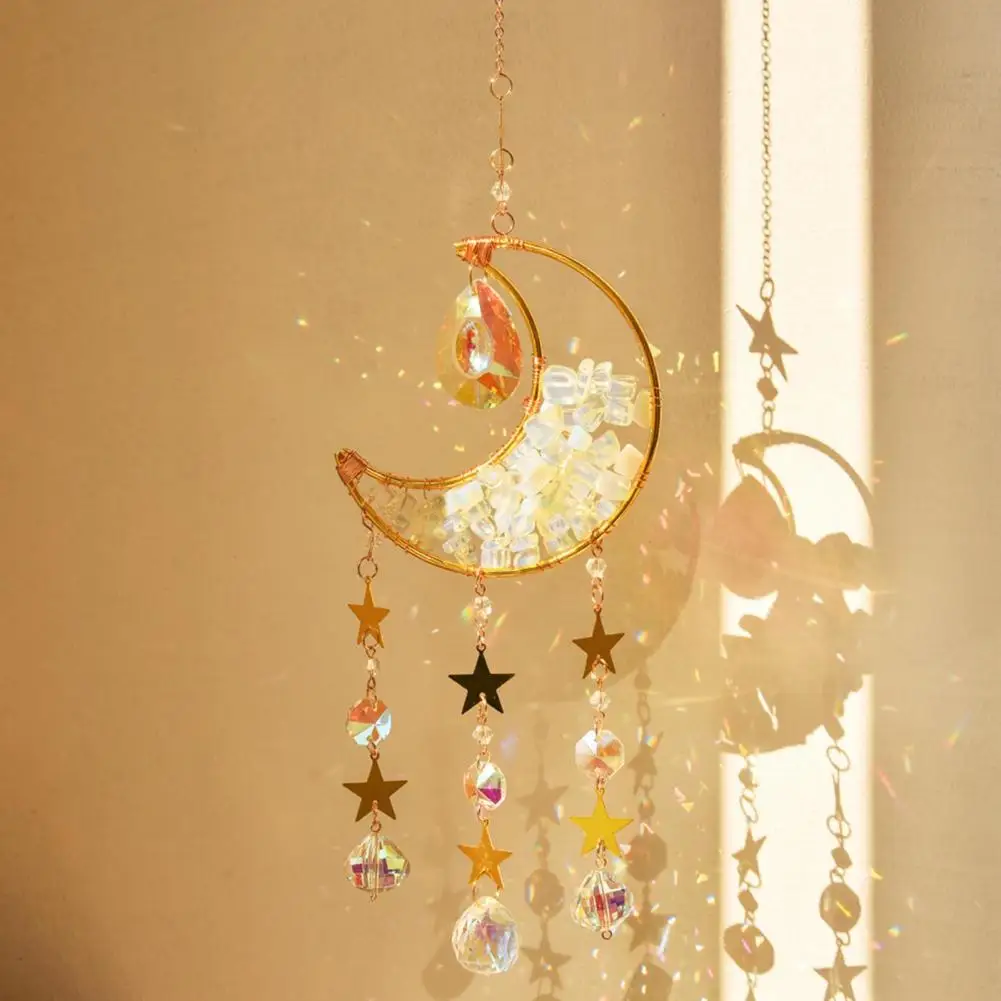 Colorful Light Refraction Moon Sun Catcher Rainbow Maker Prism Ornament Hanging Decoration for Window Balcony Bedroom Garden Sun