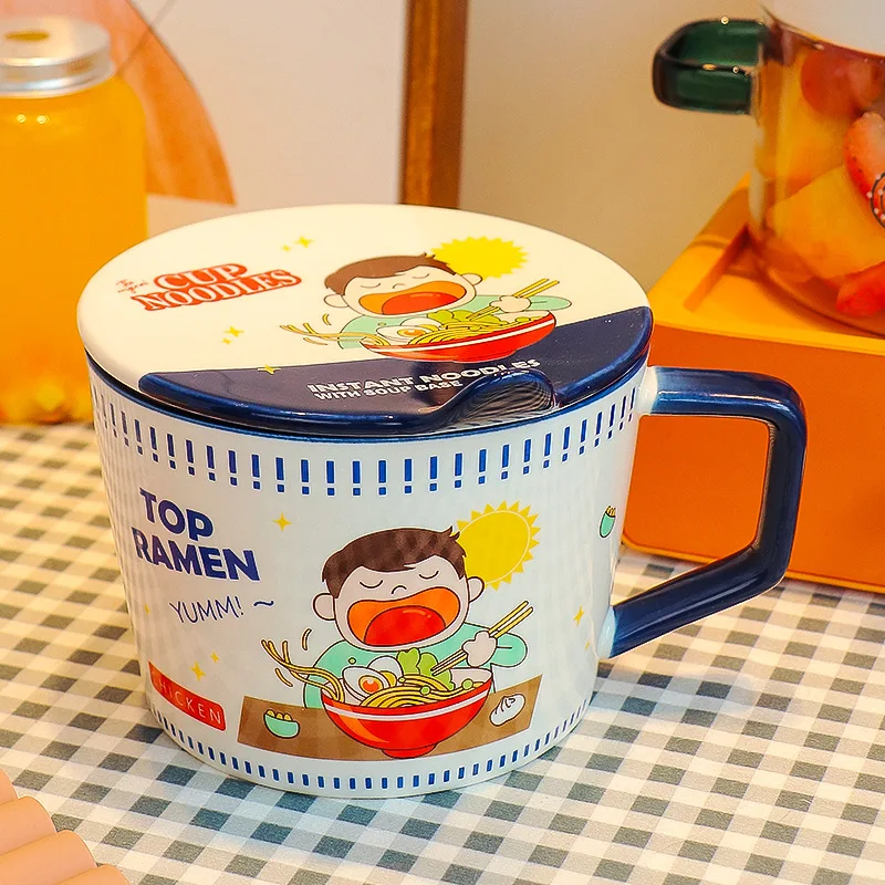 Cuenco de fideos instantáneos de dibujos animados para niños y niñas, fiambrera de 950ml con tapa, tazón de ensalada, tazón de cerámica con asa para