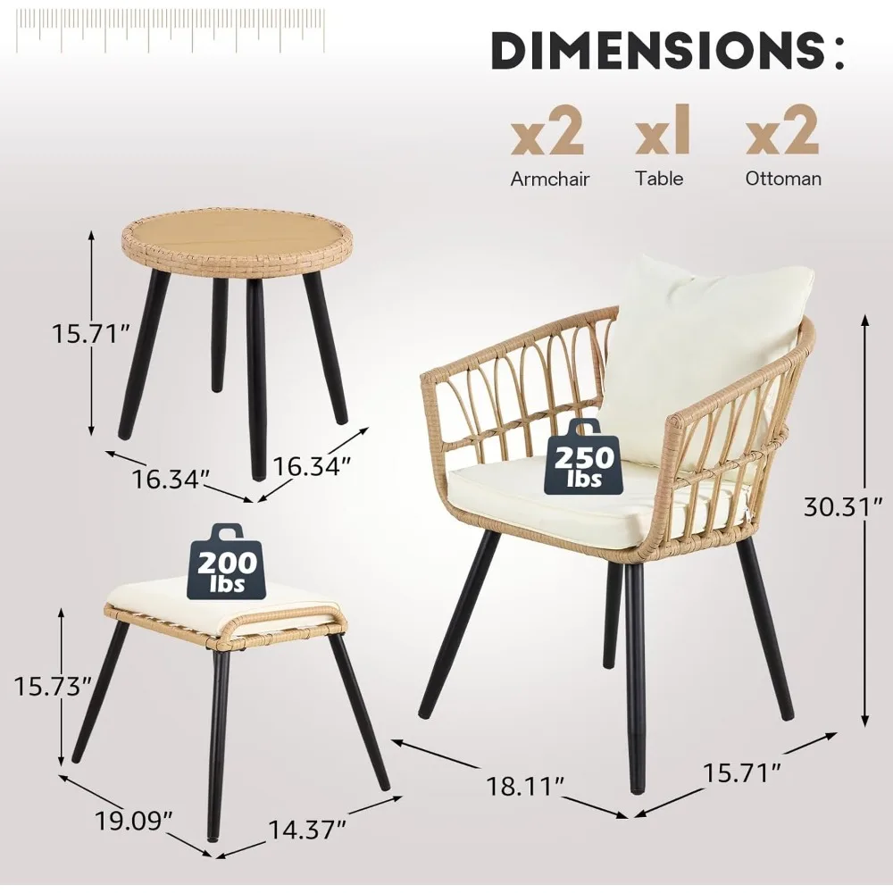 5-delige terrasmeubilairset, terrasbistroset met poef, balkonmeubilair rieten stoelen en ronde tafel voor tuin,