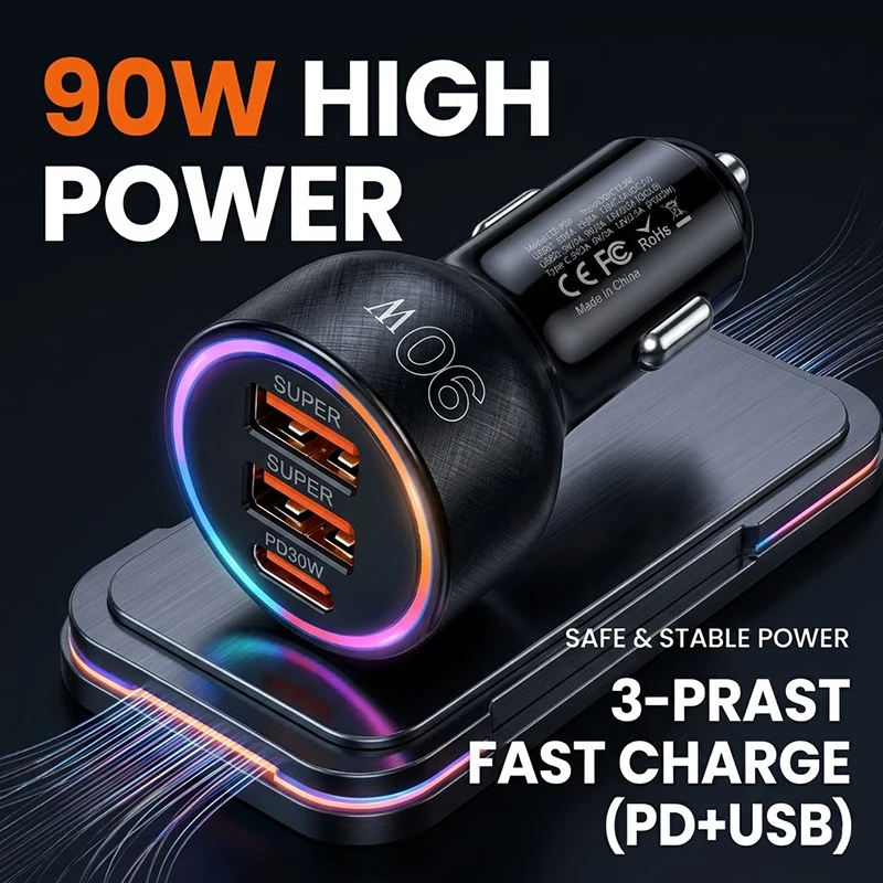 Carregador de Carro de Alta Potência 90W com Luz LED Multicolorida, Carregamento Rápido Multiportas 3-Portas PD 30W Tipo C para Veículos Automotivos 12-24V