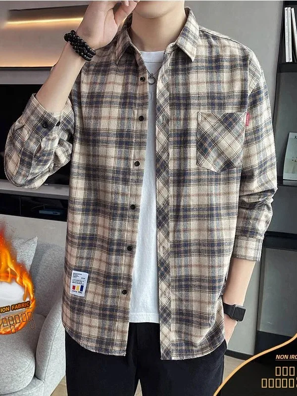 

Мужская клетчатая верхняя одежда Long Sve Slim Fit, повседневная корейская верхняя одежда для студенческих пар, модная хлопковая одежда из полиэстера против морщин...
