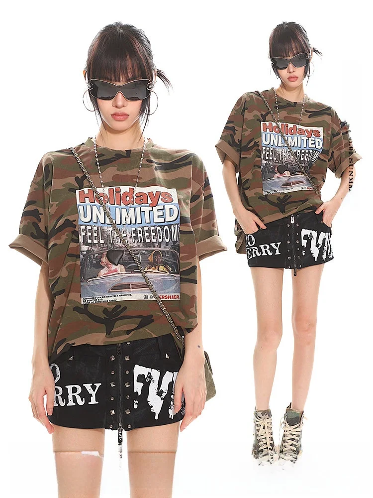 

Футболка свободного кроя в американском стиле с принтом, камуфляжным узором и надписями, короткий рукав, повседневная, модная, с графическим принтом