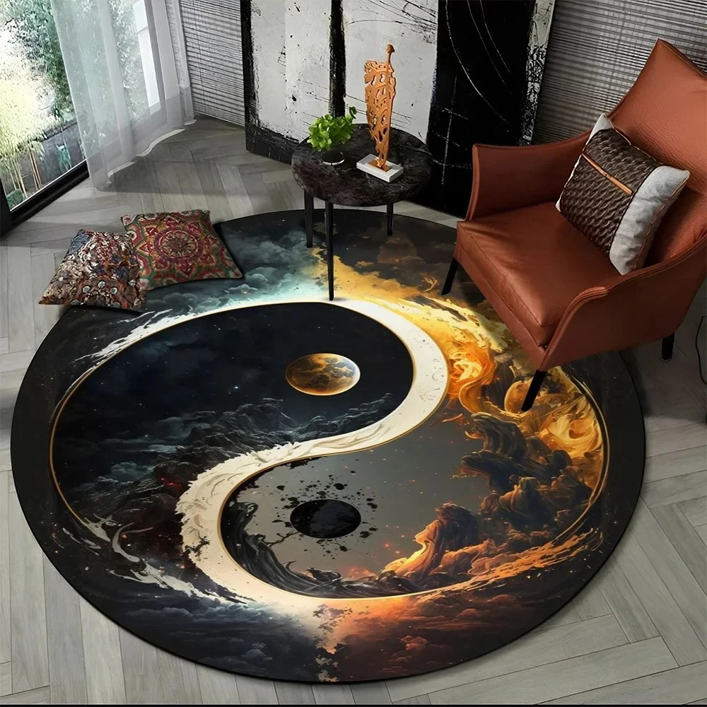 Round Tai Chi Theme Pattern Area Rug Universe Dragon Mat Non Slip Soft Stylish Colorful for Living Room Bedroom Home Decor