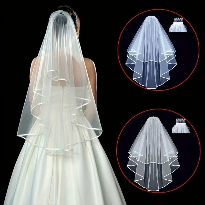 White Wedding Veil with Comb Bridal Veil 2 Tier Ribbon Edge Women Girls Accessories Anniversary Party Supplies Bachelorette 1Pc