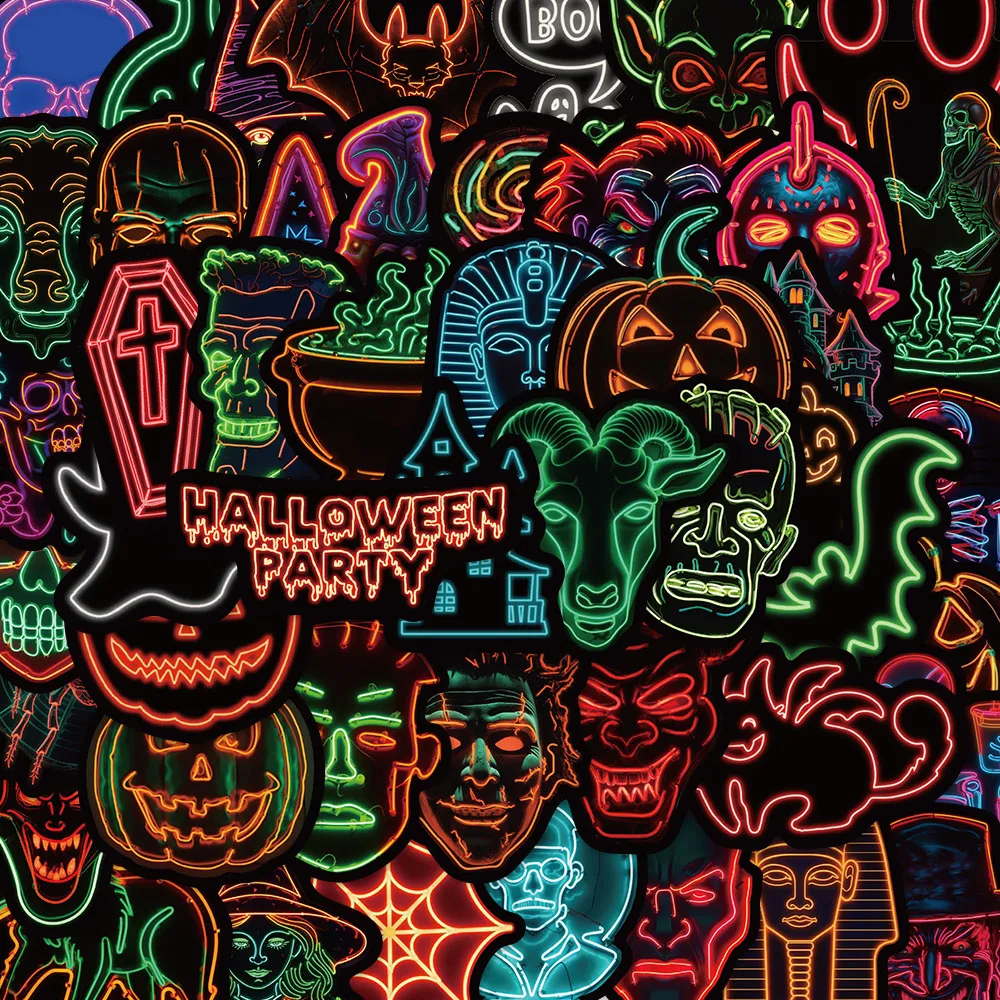 50PCS Neon Halloween Sticker Aesthetics Sketching Book PVC Laptop Diary Decoration Clipbook Stationery Children's Supplies