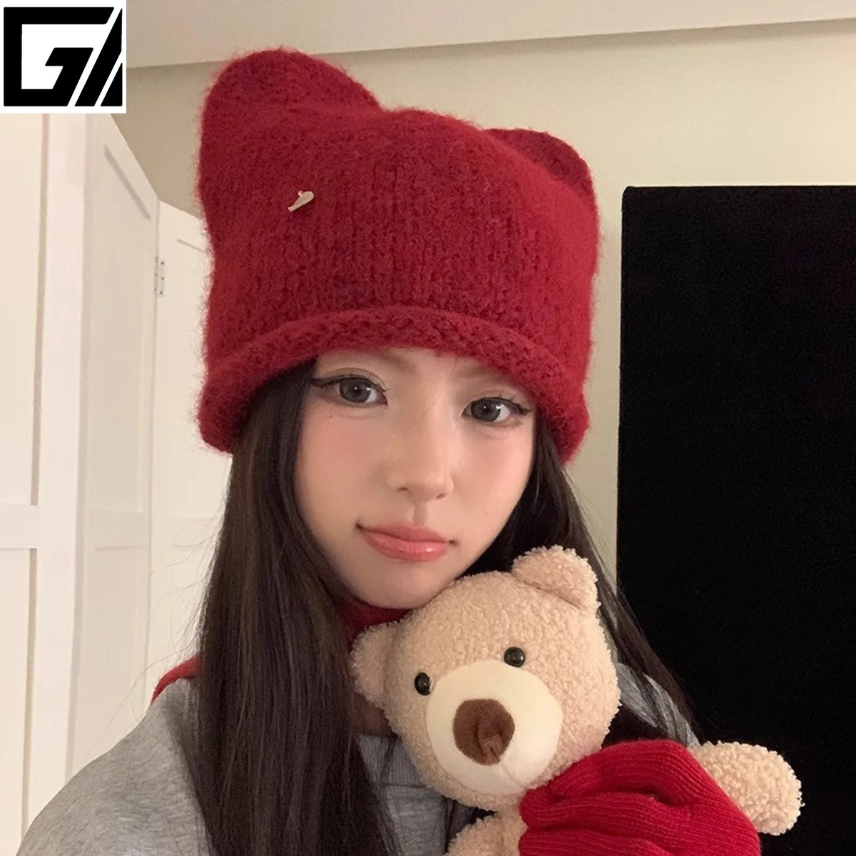 Fashion Headwear Plush Sequined Knit Hat Cute Warm Cat Ears Autumn Winter solid-colored Cap Makes Face Look Smaller 5M56