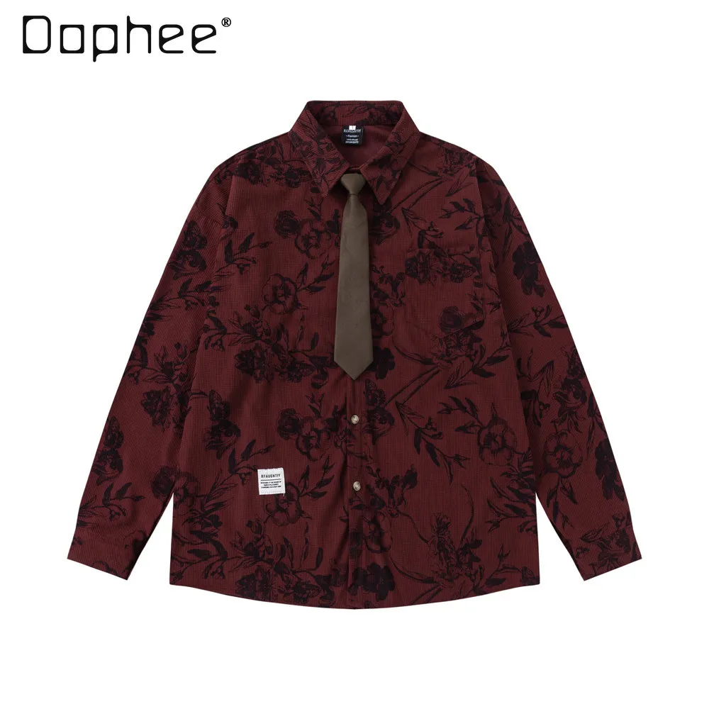 Spring Autumn Retro Green Red Corduroy Long Sleeve Shirt with Tie for Men Korean Style Handsome Design Loose White Brown Shirt