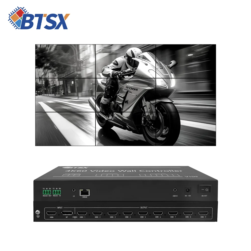 1-in-9-out FPGA Splicer BIT-VWC-109, 2x2 3x3 1x7 1x9 Splicing, Remote/RS232/PC Control, 4K60Hz Input & Audio Split