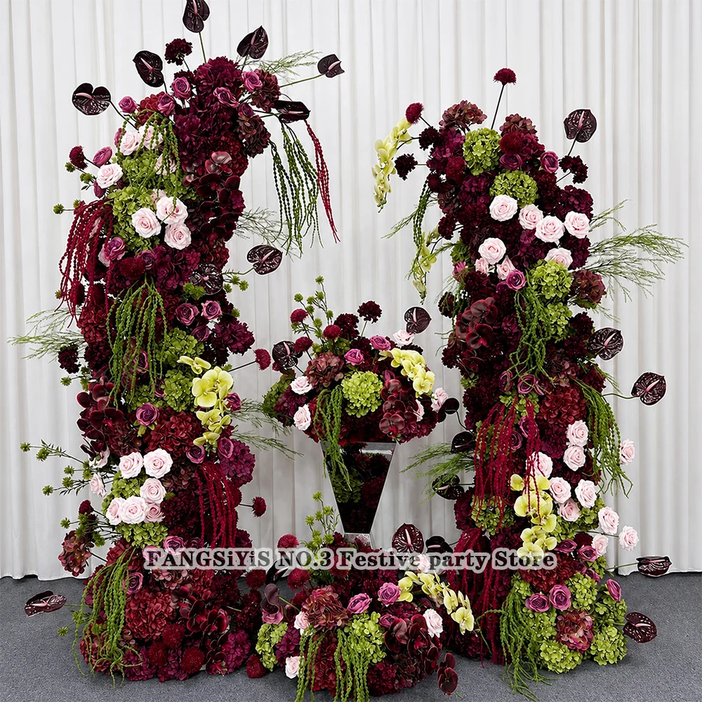 Composition florale artificielle de roses et d'anturiums vert bordeaux pour arche de mariage, centre de table, décoration de toile de fond, de fête et de table
