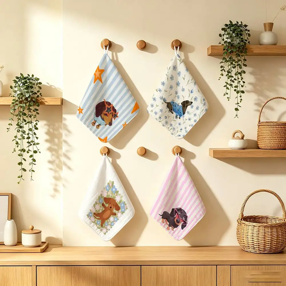 Dachshund Puppy Multi-scene  Hanging Style Hand Wiping Towel Polyester Cotton Anti-fade For Indoor Kitchen Living Room