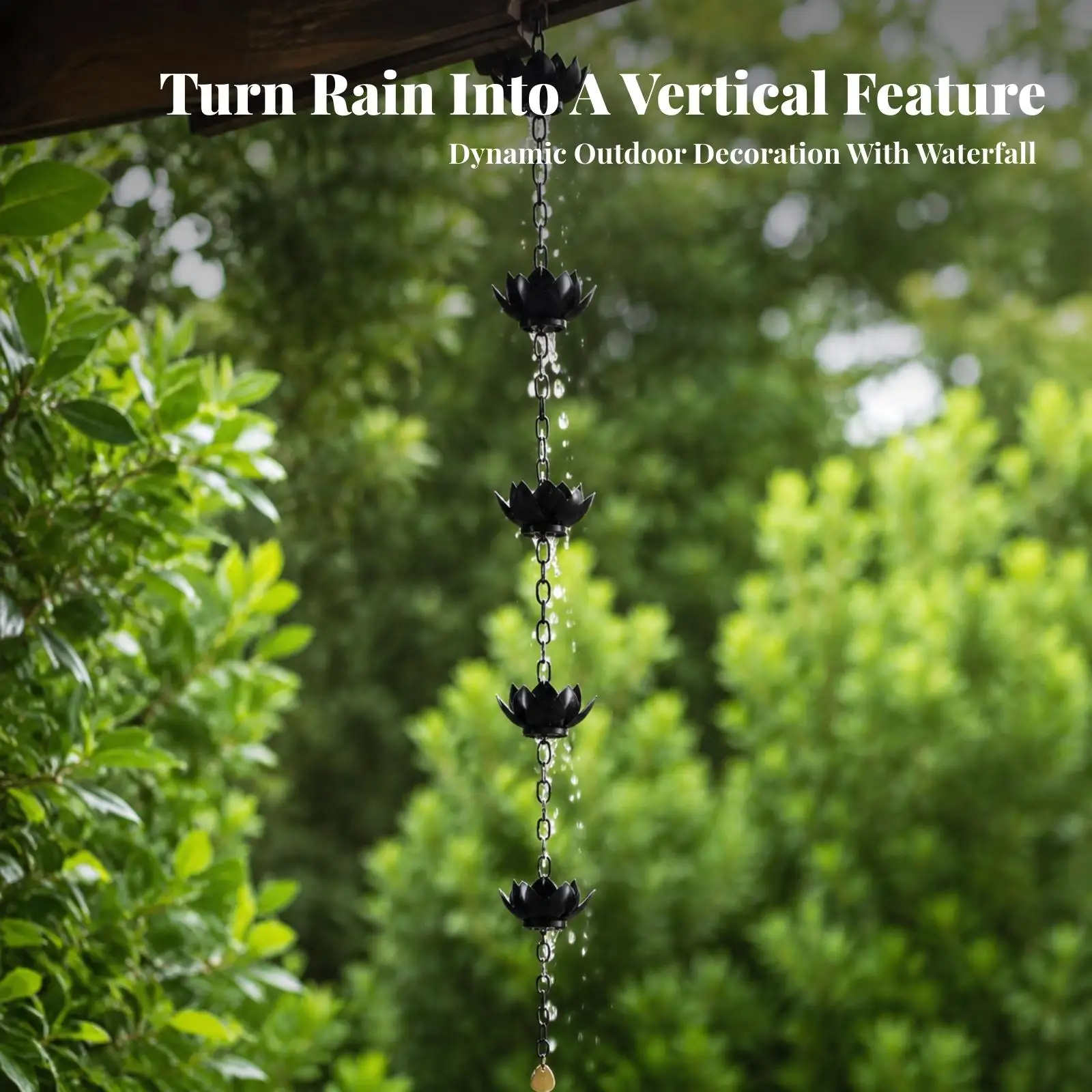 Garden Rain Chain Cast Iron Decorative Drainage Chain for Patio Eaves Rainwater Runoff Control with Hanging Adapter