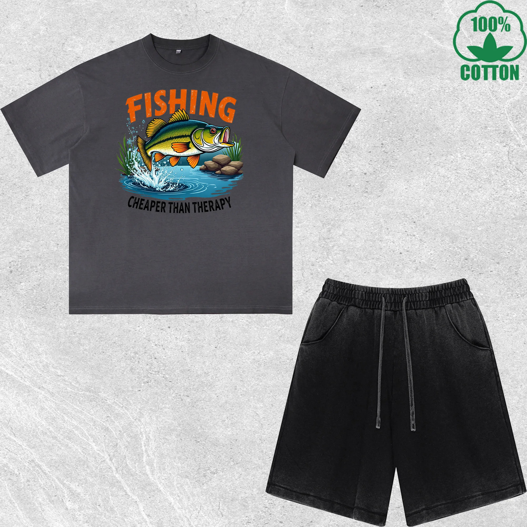 

Fishing Cheaper Printed Dirty Wash T-Shirt Shorts Set Multicolor Combo Loose Trendy Fashionable 100%Cotton
