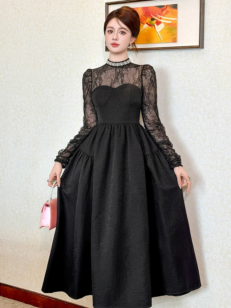 فستان نسائي فرنسي مثير باللون الأسود المبهر مزين بالترتر مع زخارف ماسية، حشوات لوحة من الدانتيل الشفاف للحفلات الراقصة أو جالاس الرسمي #1