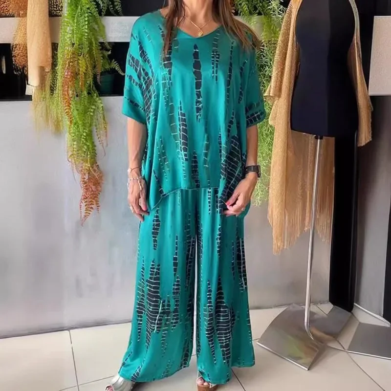 Spring Casual Print Wide Leg Pants Set Women 2 Pieces Sexy V Neck Short-sleeved T Shirt Outfit Summer Vintage Loose Street Suits
