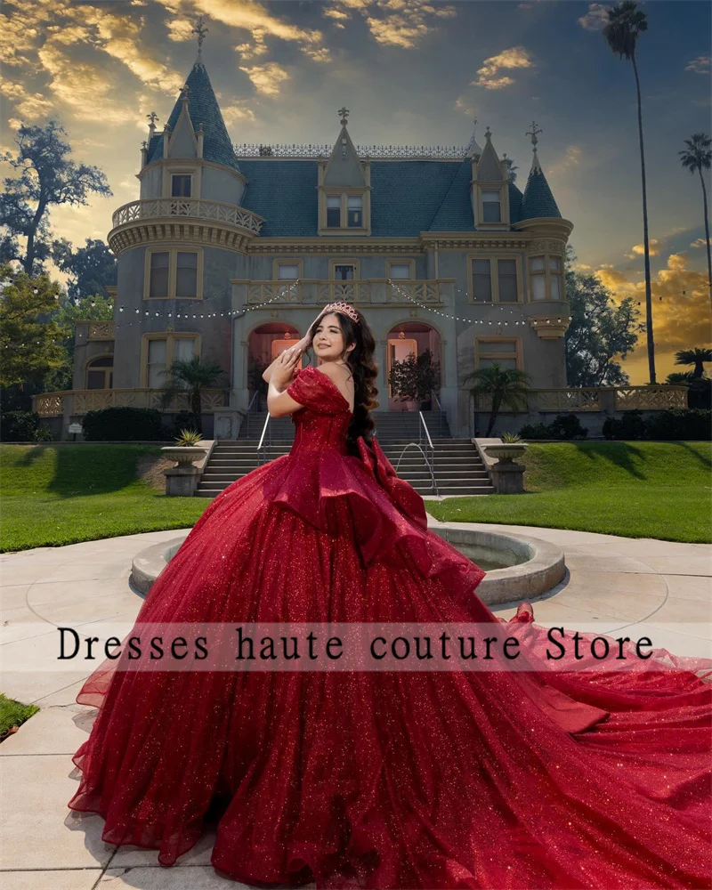 Vestido quinceanera de tule vermelho com ombro de fora, vestido de baile com babados e laço, vestido de festa de aniversário mexicano, doce 16, personalizado