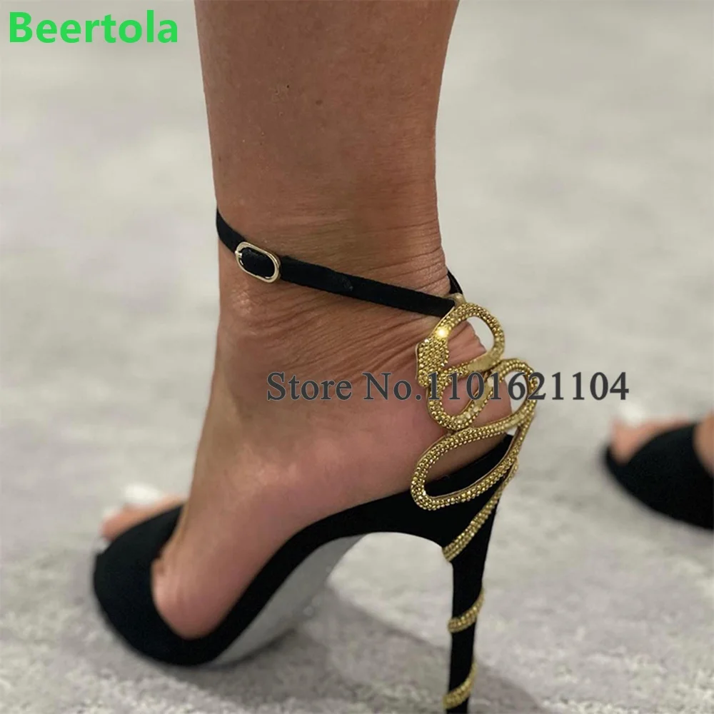 Black Back Snake Design Luxury Sandals For Female Women 2024 New Arrivals Thin High Heel Ankle Buckle Strap Fashion Elegant Shoe