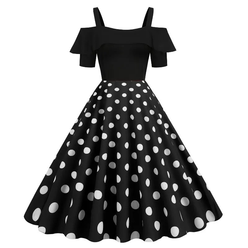 2025 novo vintae elegante vestido de festa 1950s feminino retro bolinhas pescoço quadrado baixo volta a linha vestidos ombro frio férias robe