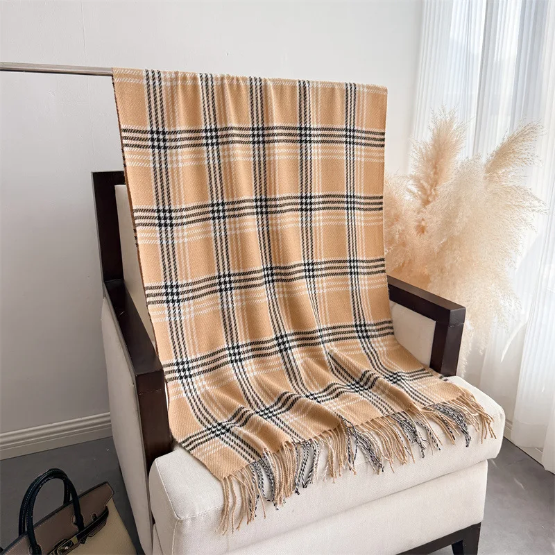 2026 Preppy Plaid Faux Cashmere Scarf for Women Autumn Winter Warm Thick Neck Warmer Soft Korean Style Pashmina Wrap Stole Gift