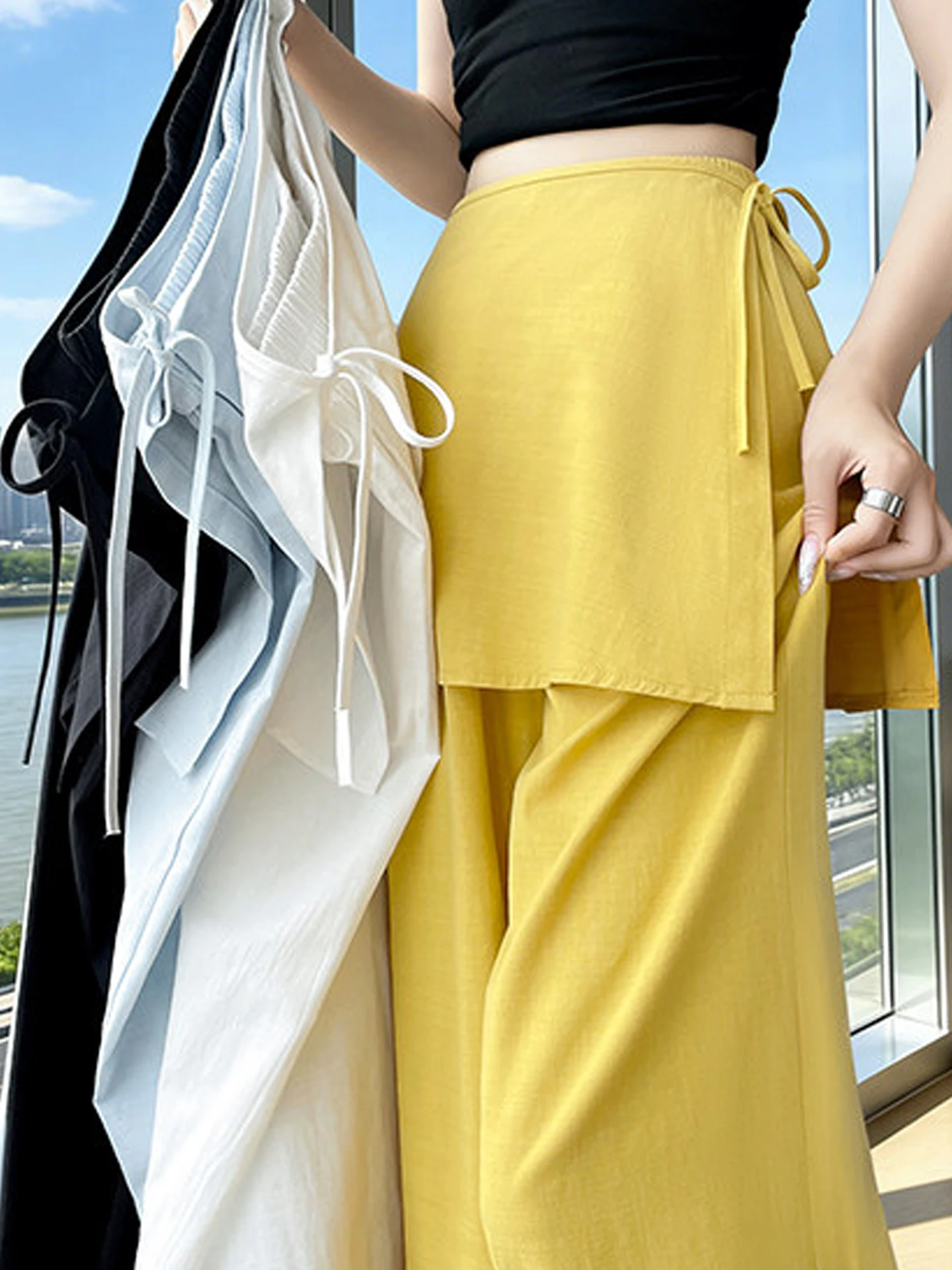 

High Waist Wide Leg Pants Women's Summer Thin Linen Loose Straight Cut Draping Floor-Length Skirt Pants Casual Wear