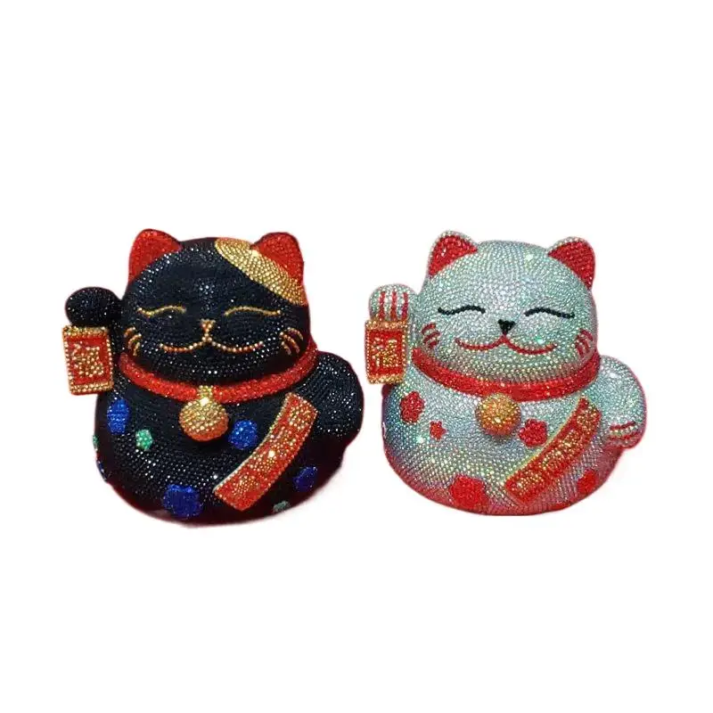 

Rhinestone-encrusted Maneki-neko Figurine DIY Hand-applied Crystal Cat Coin Deposit Jar Shiny Wealth Totem Fortune Inviting Cat