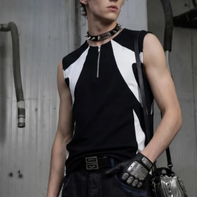 MWJLPWQ Street-Style Vest Black White Color Blocking Sleeveless American Functional Style Zipper Design Autumn New Tops 20501