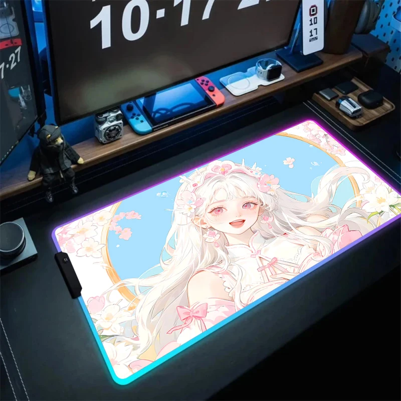 Rgb Pink Mousepad 900x400 Led Lighting Kawaii Office Carpet Xxl Anime Girls Accessories Dask Table Mats HD Print Cute Mouse Pad