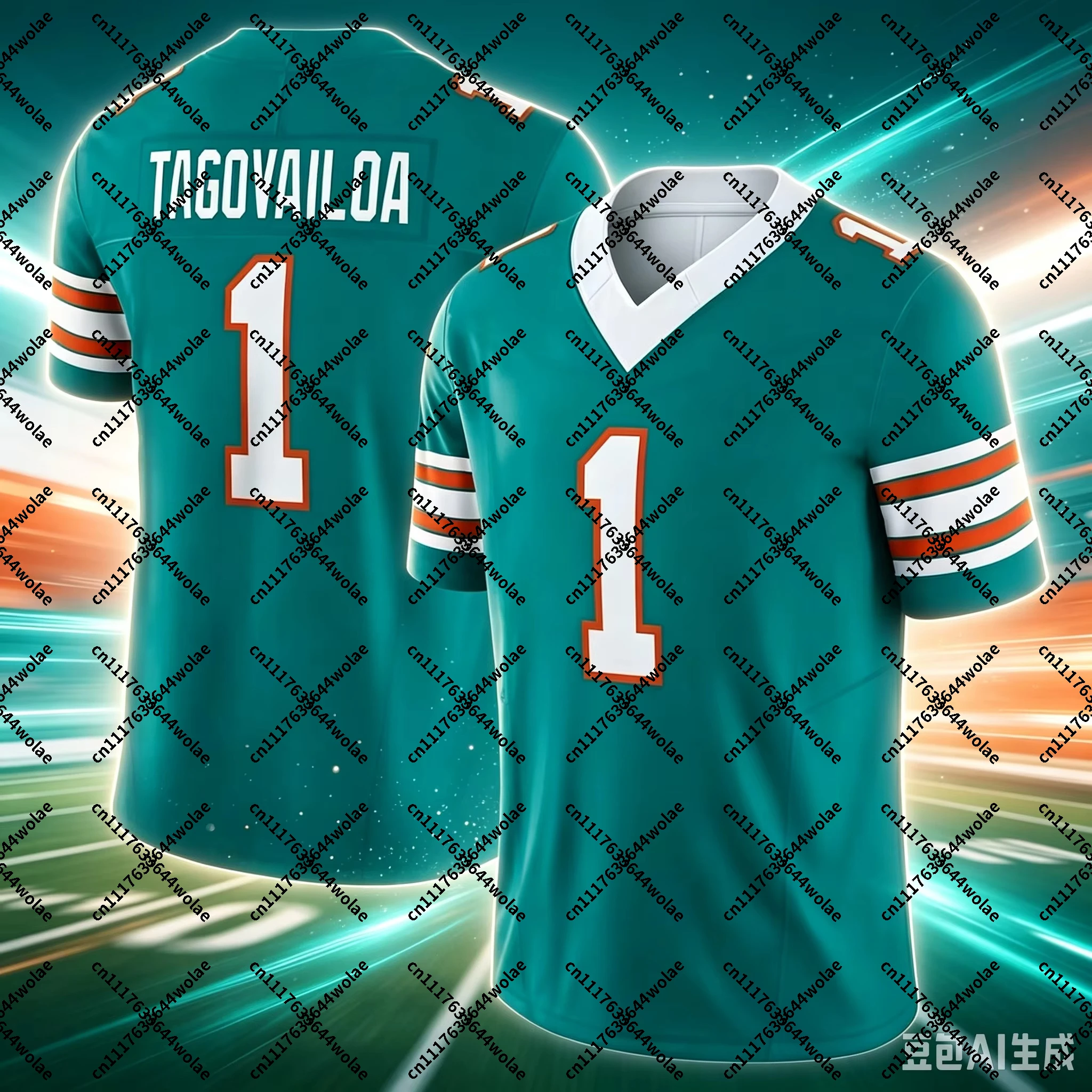 Men Dolphins #1 Tua Tagovailoa Aqua Jersey Striped Cuff V Neck Short Sleeve Fan Game Sports Uniform Family Matching Colthing