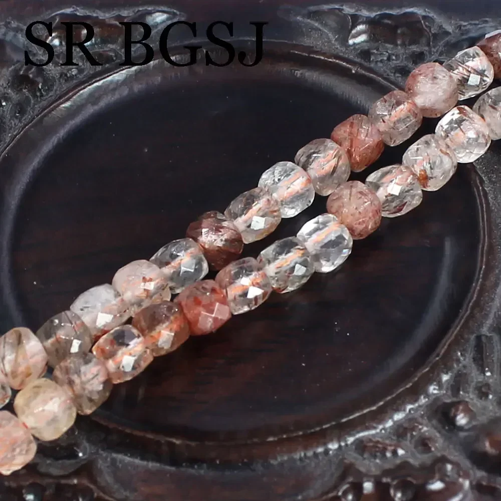 4x4mm Wholesale diy Rutilated Real Quartz Natural Stone Cubic Faceted Gemstone Jewelry Beads Strand 15