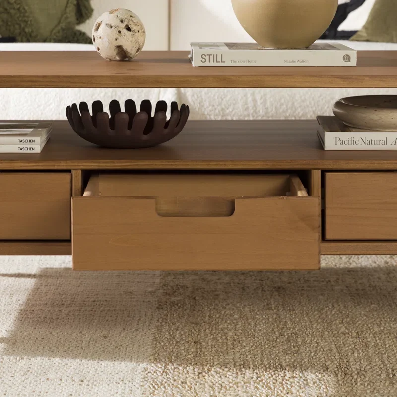 Mid-Century Modern 3-Drawer Wood Coffee Table with Open Cubby for Living Room Center Table