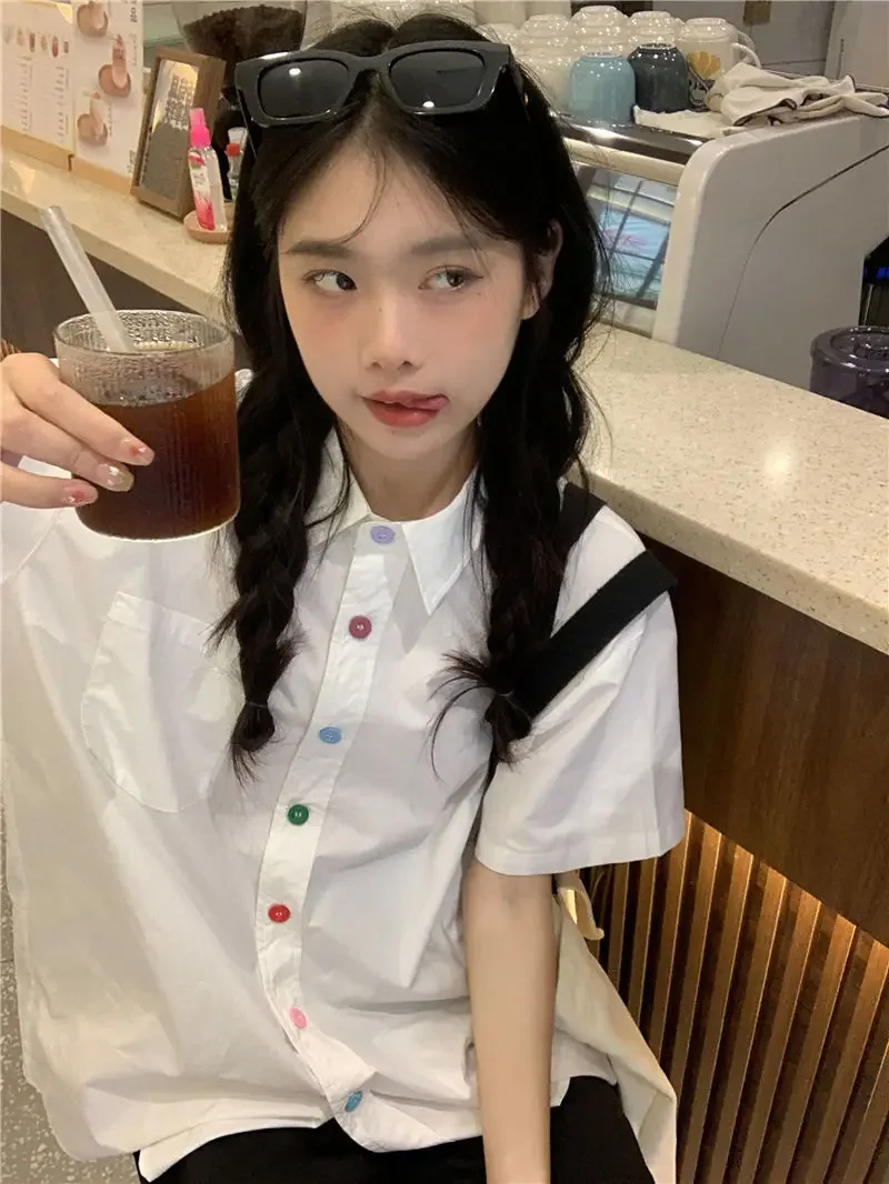 

Shirts Women Colorful Button Lovely Loose Turn Down Collar Korean Style Summer Short Sleeve Ulzzang Retro All-match Casual BF