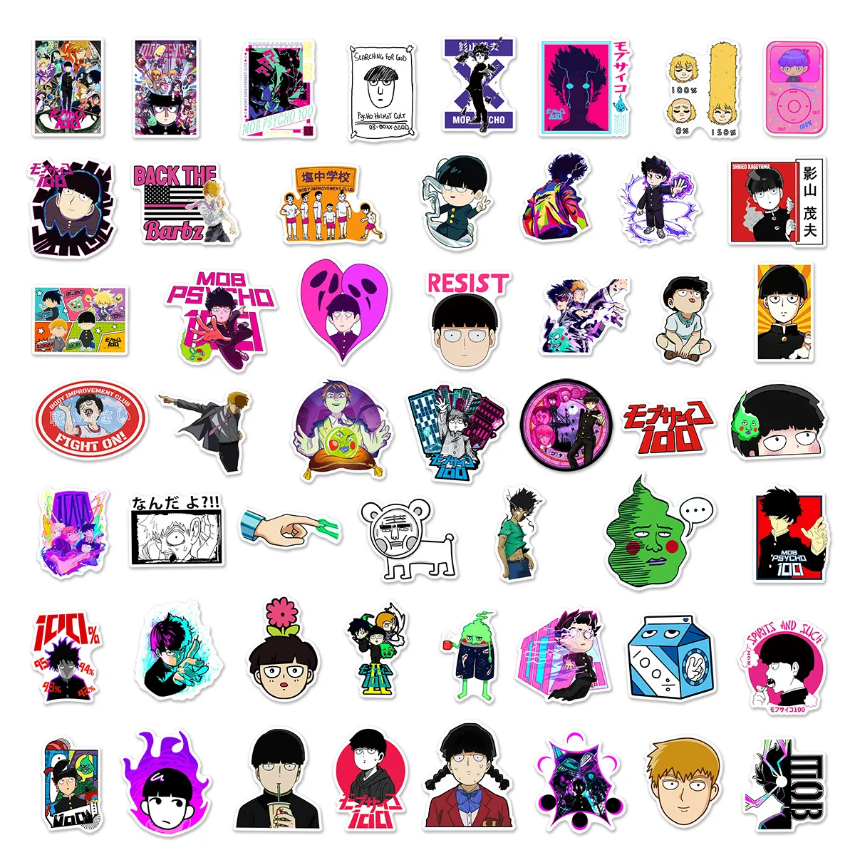 50pcs Mob Psycho 100 Cartoon Stickers Laptop Skateboard Refrigerator Guitar DIY Waterproof Stickers Decoration Supplies