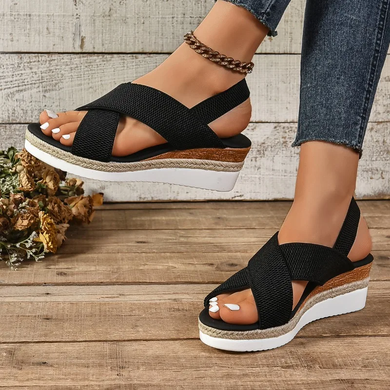 Sandalias de plataforma con punta abierta y punta redonda para mujer, cuñas de paja antideslizantes, suela suave y ligera, a la moda, novedad de verano