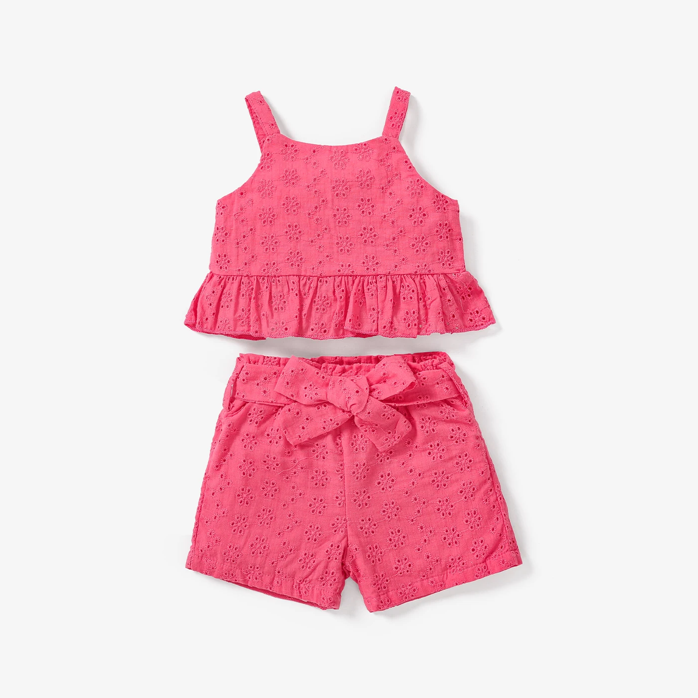 

PatPat 3pcs Baby Girl Solid Eyelet Embroidered Ruffle Hem Crop Tank Top and Shorts & Belt Set