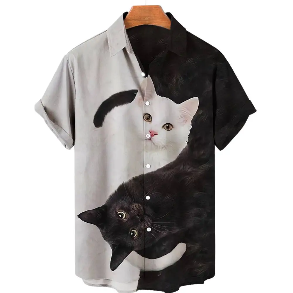 2024 Short Sleeve Hawaiian Shirt Men's Cute Cat 3D Digital Printing Men's Casual Cardigan Shirt Summer Clothing