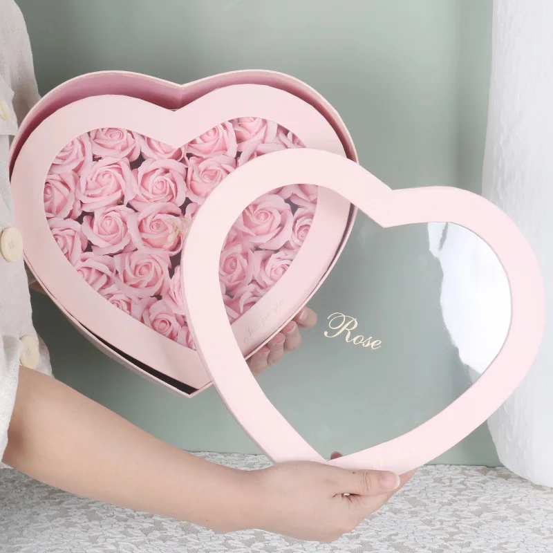 

27pcs Soap Rose Double Layer Heart Shape Gift Box With LED Light Pink Red Artificial Rose Soap Flowers For Valentines Day Gift