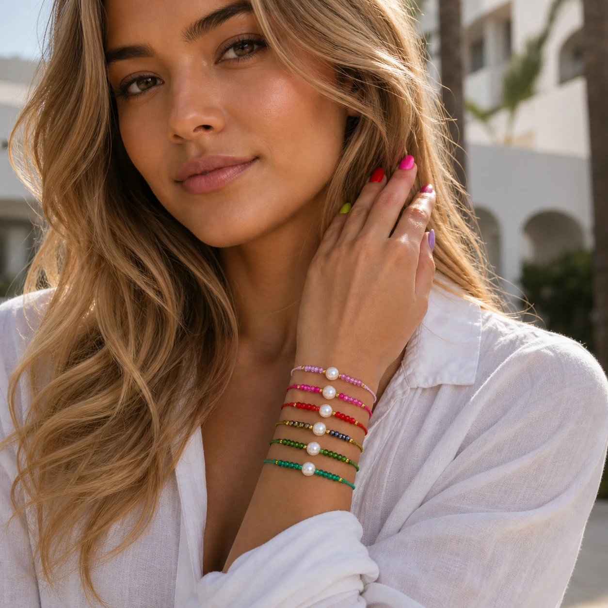 6pcs Bohemian Multicolor Round Crystal Bead Strand Bracelets with Center Pearl and Lace-Up Closure for Women Beach Style