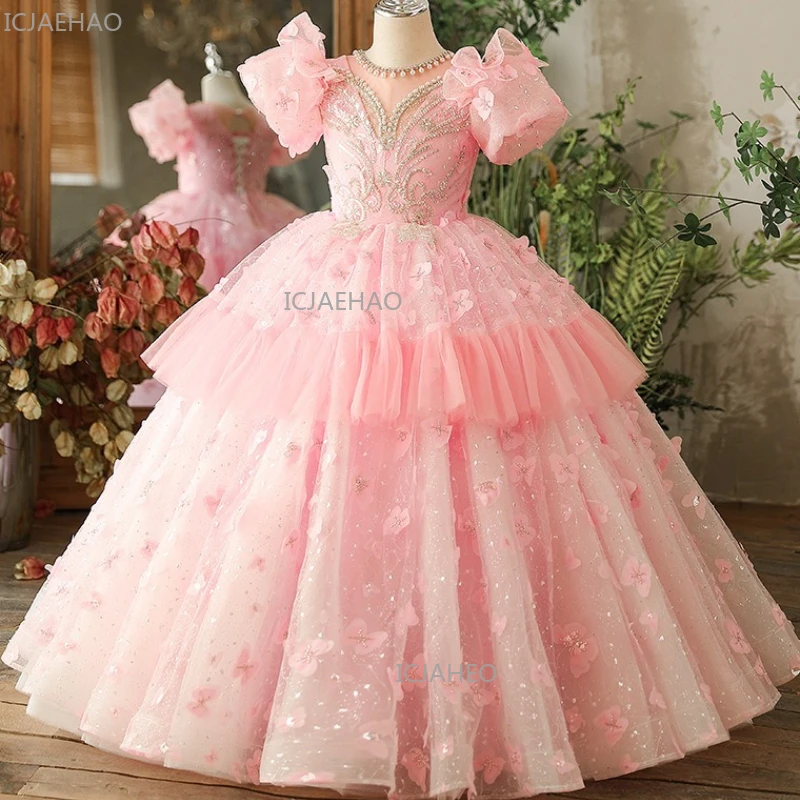 

Розовое платье принцессы для девочек, наряд для дня рождения, выступлений, праздничное платье из пышного фатина, подарки на Ид, детское платье для выступлений на фортепиано