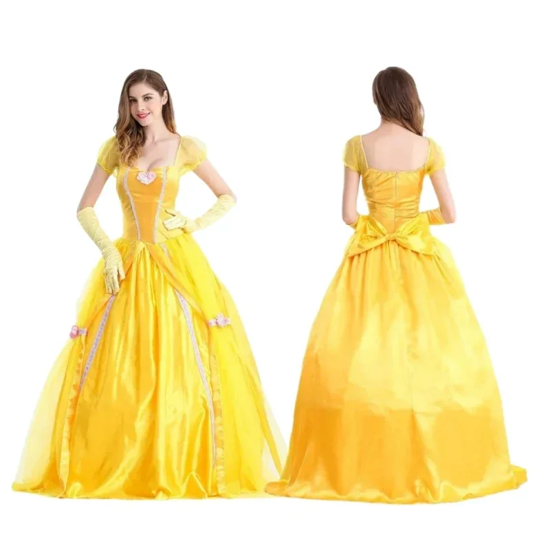 SN66 Hermoso vestido de princesa Cosplay La Bella La Bestia disfraz Mujeres adultas Corte Presiones largas Vestido de fiesta de disfraces Mujer 2 @ w $