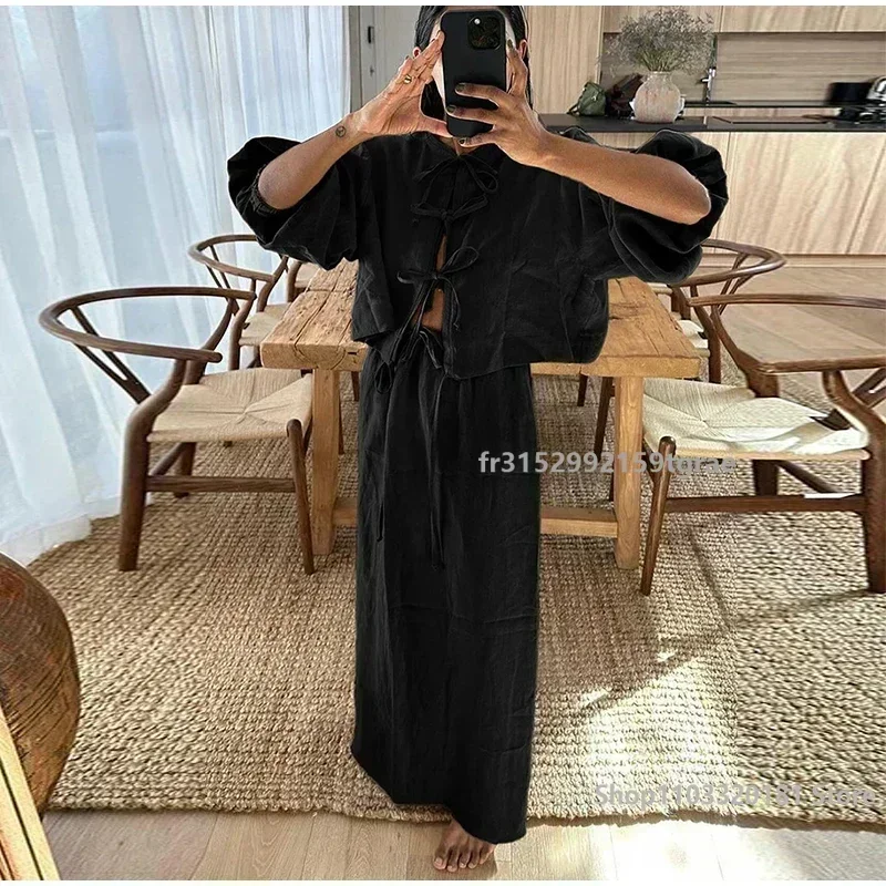 Conjunto de saia de linho feminino com cadarço, casual com o pescoço, saias compridas de lanternas, roupas femininas de férias, roupas de praia,