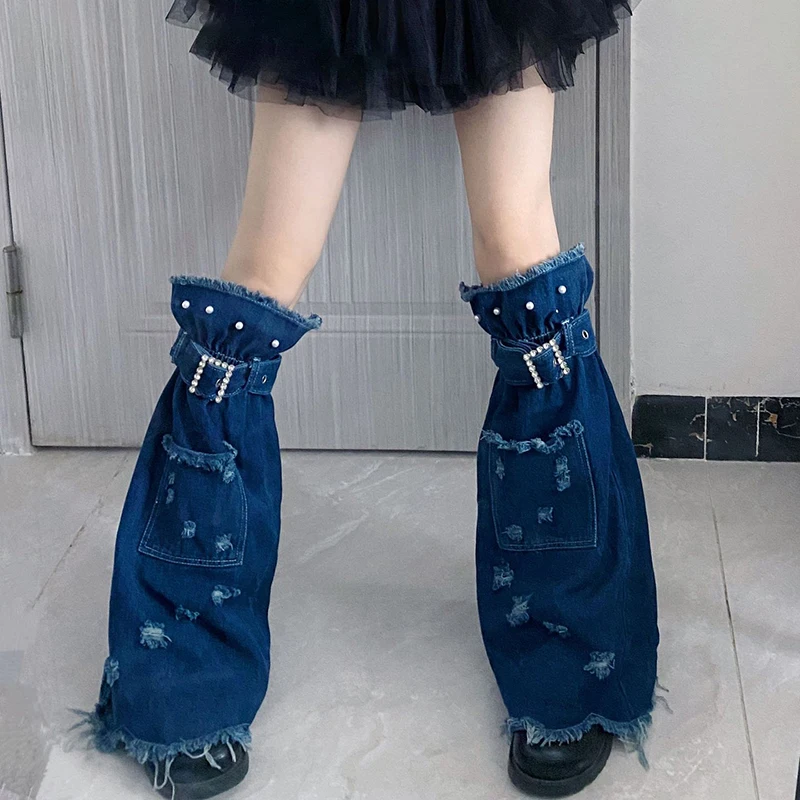 Women Denim Leg Warmers Adjustable Buckle Retro Knee High Socks Aesthetic Boot Cuffs for Streetwear Clothes Accessories