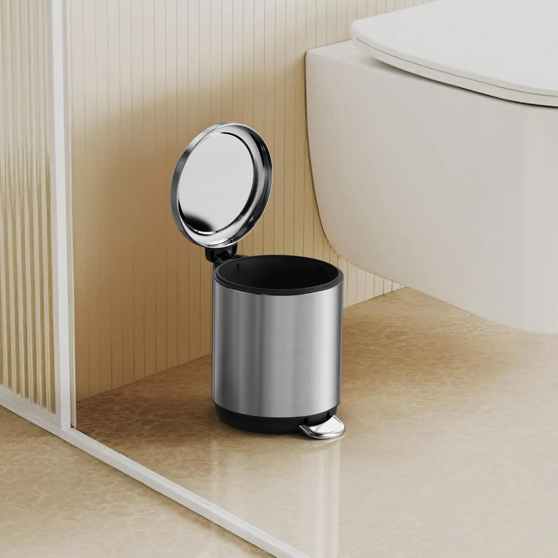 5L Commercial Circular Bathroom Toilet Kitchen Hotel Office Stainless Steel Trash Can Pedal Waste Bins  with Soft Close