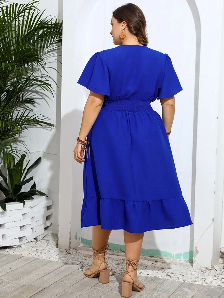 GIBSIE-Vestido longo com elástico na cintura com decote V feminino, manga borboleta, bainha plissada, vestido A, monocromático, plus size, casual,