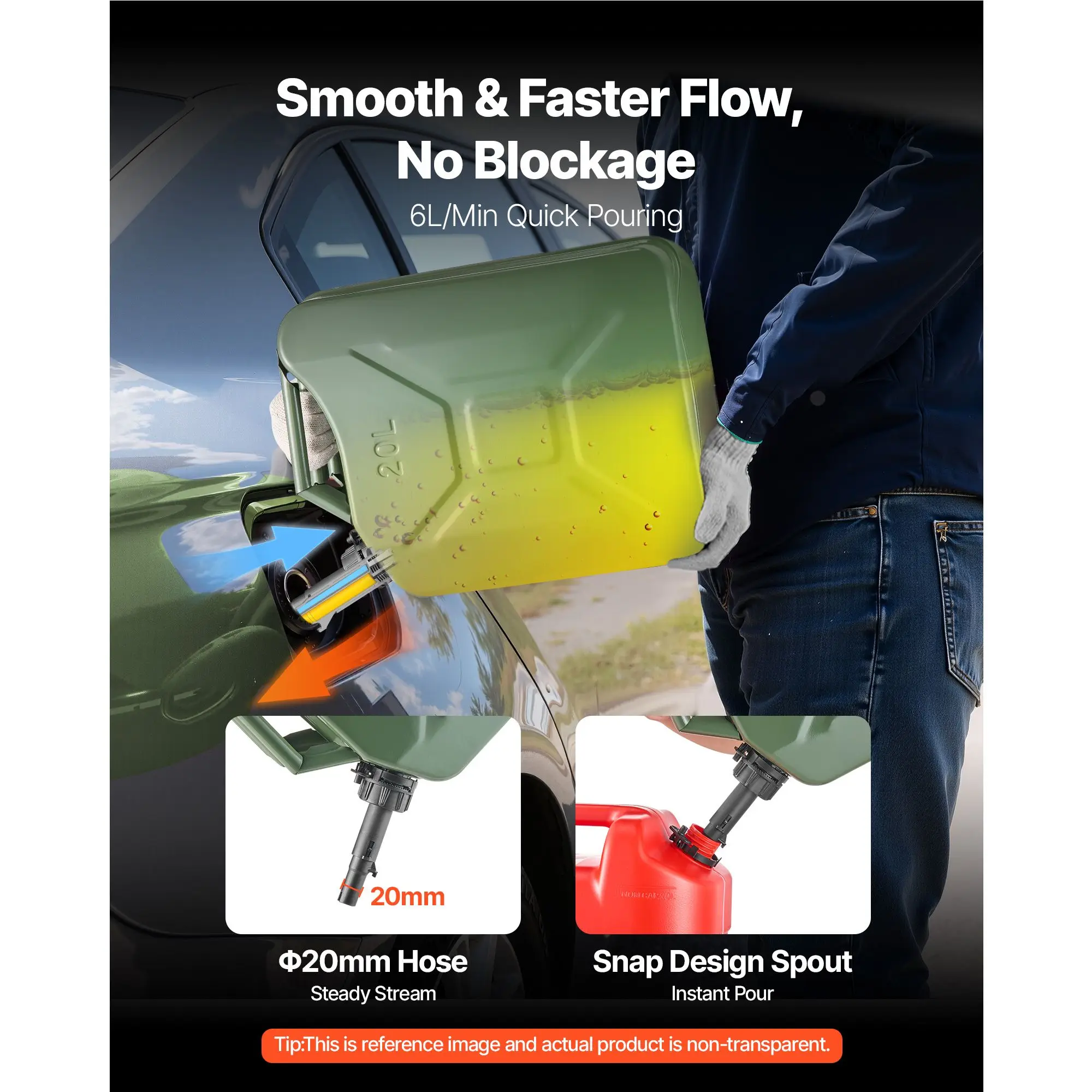 Metal Fuel Container, 5.3 Gallon, Jerry Can with Spout and Comfort Handle, 6 L/min Max Flow Rate, Leakproof