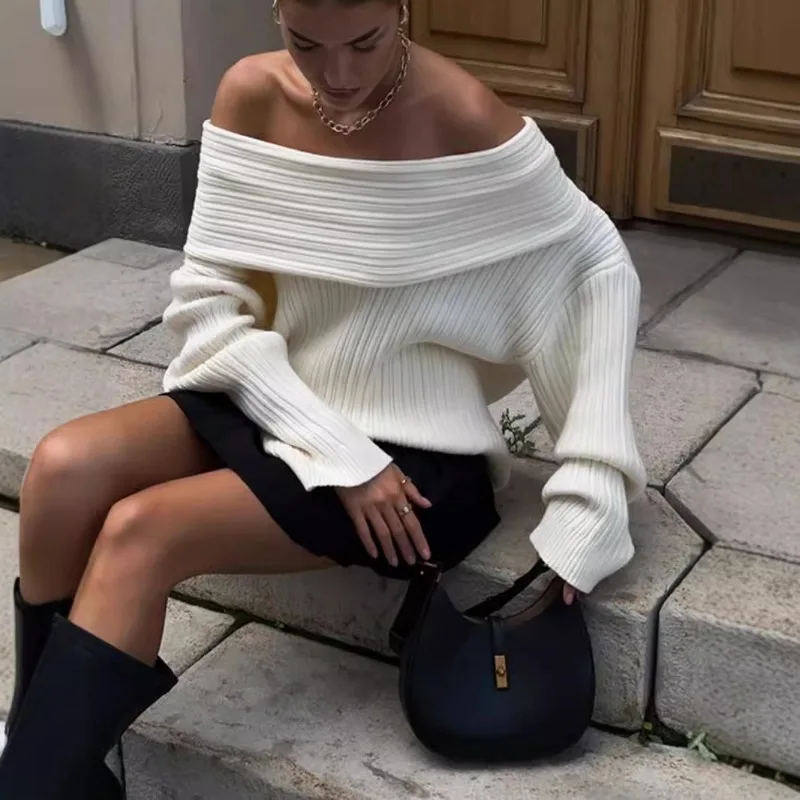 

Fashion Solid Knit Sweater Pullover For Women Loose Off-Shoulder Ribbed Long Sleeve Streetwear Knitwear Casual Autumn Sweater