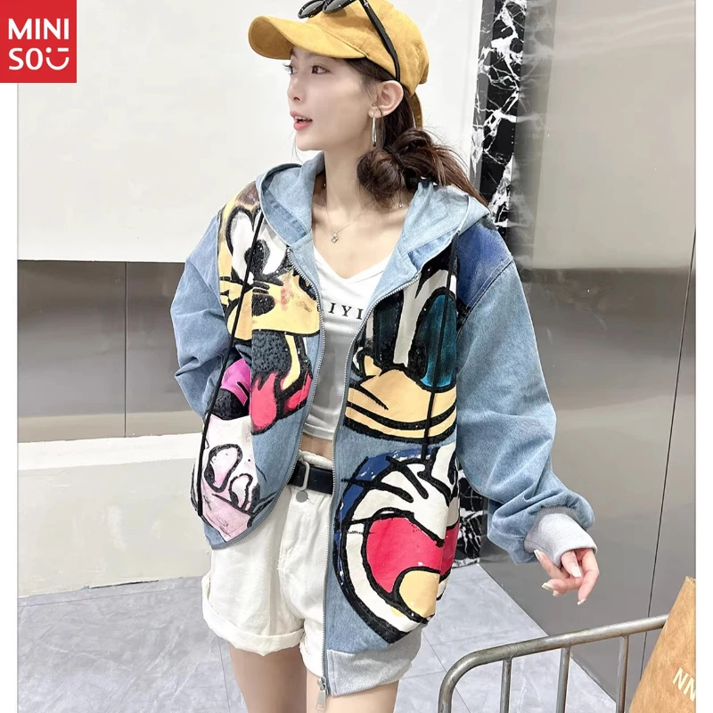   Veste de baseball de dessin animé, broderie de paillettes lourdes, manteau en jean unisexe